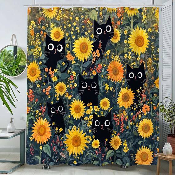 Duschvorhang mit niedlicher Katze, lustig, schwarze Katzen, Boho, Blumenmuster, Vintage-Stil, Sonnenblume, für Badezimmer, Tier, Wildblume, Bauernhaus, wasserdichter Stoff, Dekoration, 183 x 183 cm