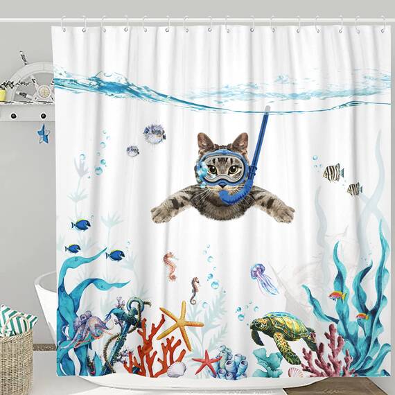 Fowocu Lustiges Katzen-Duschvorhang-Set, blaugrün/blau, wasserfester Stoff, Duschvorhänge mit Tier, Oktopus, Seestern, Schildkröte, Anker, Fische, Dekor (blau, 183 x 183 cm)