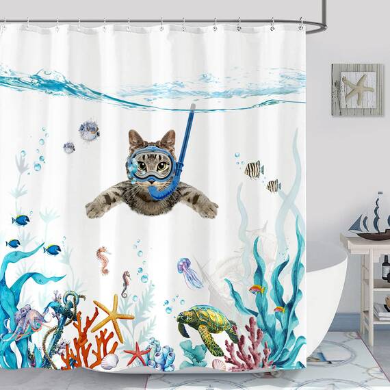 Fowocu Lustiges Katzen-Duschvorhang-Set, blaugrün/blau, wasserfester Stoff, Duschvorhänge mit Tier, Oktopus, Seestern, Schildkröte, Anker, Fische, Dekor (blau, 183 x 183 cm)