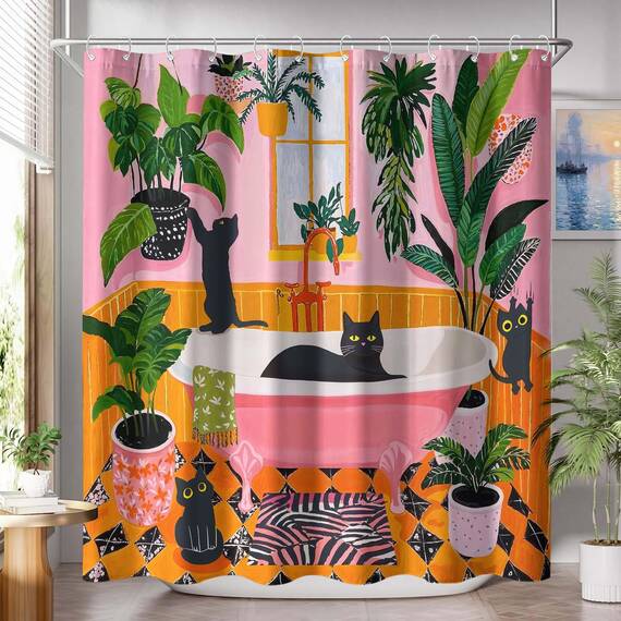 Duschvorhang mit lustiger Katze, Boho, niedlich, lustig, Schwarze Katzen, Matisse, für Badezimmer, grün, Tropische Pflanzen, Blätter, rosa, orange, gelb, wasserdichter Stoff, Dekoration, 183 x 183 cm