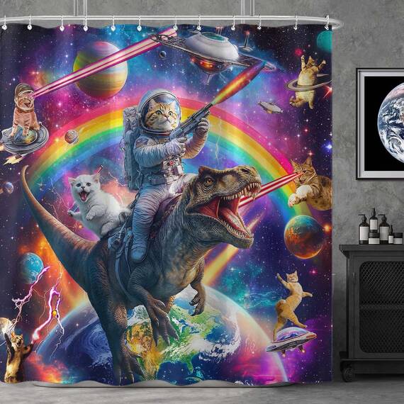 Fowocu lustiger Duschvorhang mit Dinosaurier-Motiv, cool, bunt, Weltraumkatzen, für Badezimmer, Fantasie, Galaxie, Universum, Anime, Kinder, wasserdichter Stoff, Badvorhang, Dekoration, 183 x 183 cm