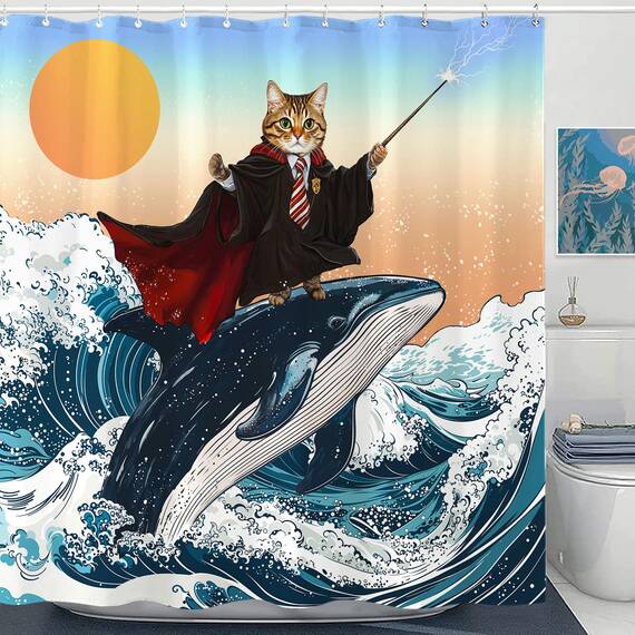 Fowocu lustiger Duschvorhang mit Katzen-Wal-Motiv, cool, japanische Ozeanwelle, für Badezimmer, orange, blau, Anime, Kinder, nautisch, wasserdicht, Stoff, Badvorhang, Dekoration, 183 x 183 cm