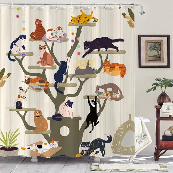 Fowocu lustiger Katzen-Duschvorhang, niedlich, Cartoon-Katzenbaum, für Badezimmer, Boho, Anime, Kätzchen, Kinder, modernes Bauernhaus, wasserdichter Stoff, Badvorhang, Dekoration, 183 x 183 cm