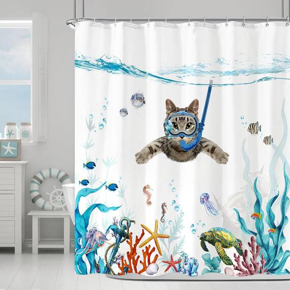 Fowocu Lustiges Katzen-Duschvorhang-Set, blaugrün/blau, wasserfester Stoff, Duschvorhänge mit Tier, Oktopus, Seestern, Schildkröte, Anker, Fische, Dekor (blau, 183 x 183 cm)