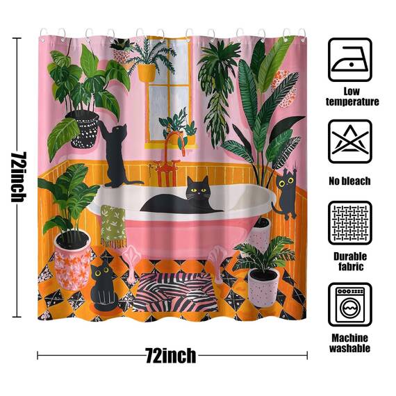 Duschvorhang mit lustiger Katze, Boho, niedlich, lustig, Schwarze Katzen, Matisse, für Badezimmer, grün, Tropische Pflanzen, Blätter, rosa, orange, gelb, wasserdichter Stoff, Dekoration, 183 x 183 cm