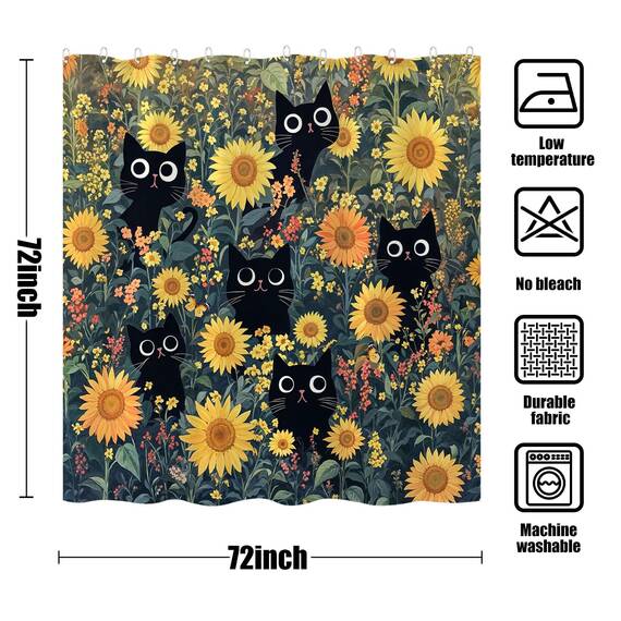 Duschvorhang mit niedlicher Katze, lustig, schwarze Katzen, Boho, Blumenmuster, Vintage-Stil, Sonnenblume, für Badezimmer, Tier, Wildblume, Bauernhaus, wasserdichter Stoff, Dekoration, 183 x 183 cm