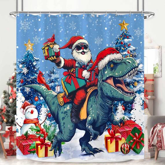 Fowocu Weihnachts-Duschvorhang, lustiger Weihnachtsmann, reitender Dinosaurier, für Badezimmer, Winter, Schneeflocke, Schneemann, rot, Stoff wasserdicht, Kinder-Badevorhang, Dekoration, 183 x 183 cm