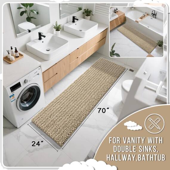 Yimobra Badezimmerläufer, 178 x 61 cm, extra lang, rutschfeste Chenille-Badematte, weich und saugfähig, maschinenwaschbar, zotteliger Flur-Teppich für Waschtisch, Badewanne, Dusche, Hellkhaki