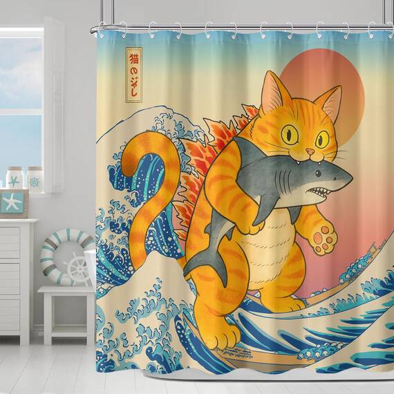 Lustiger japanischer Katzen-Duschvorhang, niedlich, cool, Orange, Katze, Monster, Hai, für Badezimmer, Vintage, Ozean, Wellen, Anime, Kinder, wasserdichter Stoff, Badvorhang, Dekoration, 183 x 183 cm