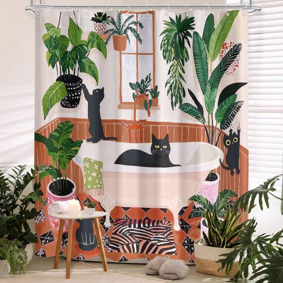 Duschvorhang mit lustiger Katze, Boho, niedlich, lustig, Schwarze Katzen, Matisse, für Badezimmer, grün, Tropische Pflanzen, Blätter, beige, braun, rot, wasserdichter Stoff, Dekoration, 183 x 183 cm