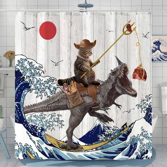 Fowocu Duschvorhang, lustiger Katzen-Dinosaurier-Duschvorhang, coole Katze, japanische Ozeanwelle, wasserdichter Stoff, für Badezimmer, Kinder, rustikales Holz, Bauernhaus (183 x 213 cm)