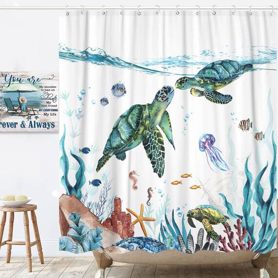 Fowocu lustiger Schildkröten-Duschvorhang, Meer, Ozean, wasserdichter Stoff, für Badezimmer, Tier, Oktopus, Seestern, Schildkröte, Anker, Fisch, nautisches Badvorhang-Dekor (blaugrün, 183 x 213 cm)