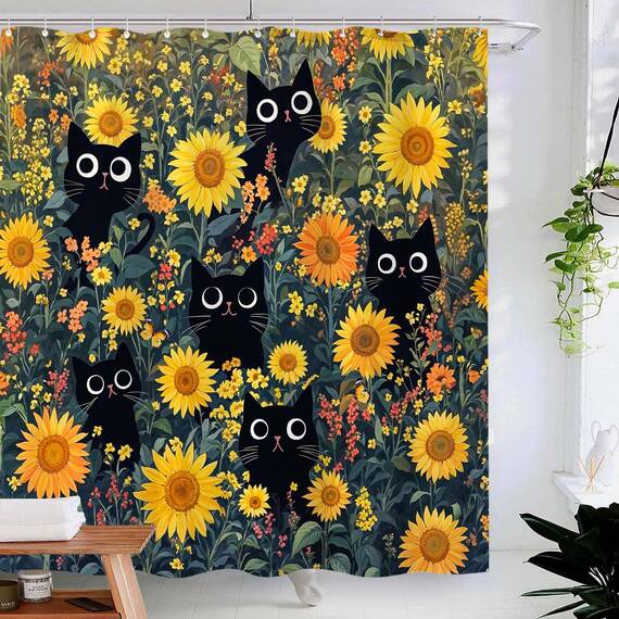 Duschvorhang mit niedlicher Katze, lustig, schwarze Katzen, Boho, Blumenmuster, Vintage-Stil, Sonnenblume, für Badezimmer, Tier, Wildblume, Bauernhaus, wasserdichter Stoff, Dekoration, 183 x 183 cm