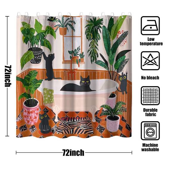 Duschvorhang mit lustiger Katze, Boho, niedlich, lustig, Schwarze Katzen, Matisse, für Badezimmer, grün, Tropische Pflanzen, Blätter, beige, braun, rot, wasserdichter Stoff, Dekoration, 183 x 183 cm