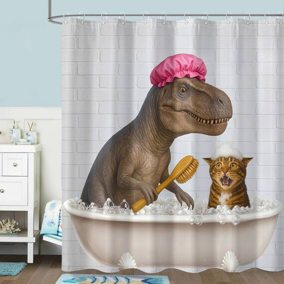 Duschvorhang mit lustigem Dinosaurier-Motiv, niedlich, Dino-Katze, Badevorhänge für Badezimmer, Kinder, Jungen, cool, einzigartig, skurril, wasserdichter Stoff, Badvorhang, Dekoration, 183 x 183 cm