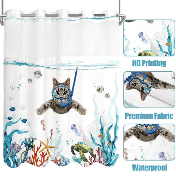 Fowocu Duschvorhang ohne Haken, mit einrastbarem Einsatz, lustige Katze, nautisches Motiv, blaugrün, Meer, Ozean, Oktopus, Seestern, Schildkröte, Anker, Fisch, wasserdichter Stoff, 180 x 188 cm