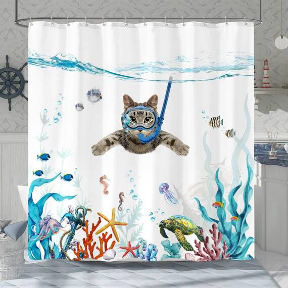 Fowocu lustiger Katzen-Duschvorhang, blaugrün, Meer, Ozean, wasserdichter Stoff, für Badezimmer, mit Tier, Oktopus, Seestern, Schildkröte, Anker, Fisch, nautisches Badvorhang-Dekor (183 x 183 cm)