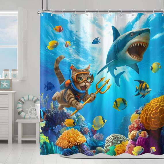 Duschvorhang mit lustigem Katzen-Hai, Ozean, tropischer Fisch, für Badezimmer, Kinder, niedlich, Unterwasserwelt, Koralle, Küste, wasserdichter Stoff, Badvorhang, Dekoration, 183 x 183 cm