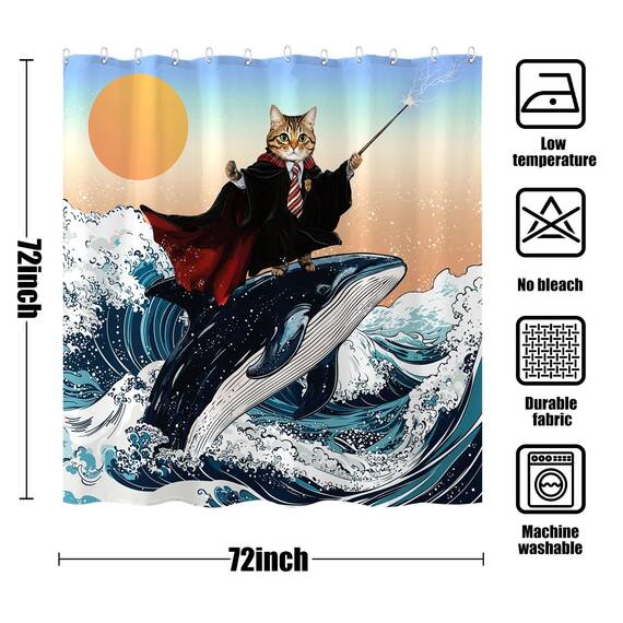 Fowocu lustiger Duschvorhang mit Katzen-Wal-Motiv, cool, japanische Ozeanwelle, für Badezimmer, orange, blau, Anime, Kinder, nautisch, wasserdicht, Stoff, Badvorhang, Dekoration, 183 x 183 cm