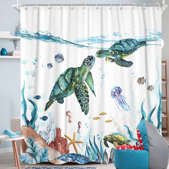 Fowocu lustiger Schildkröten-Duschvorhang, Meer, Ozean, wasserdichter Stoff, für Badezimmer, Tier, Oktopus, Seestern, Schildkröte, Anker, Fisch, nautisches Badvorhang-Dekor (blaugrün, 183 x 183 cm)