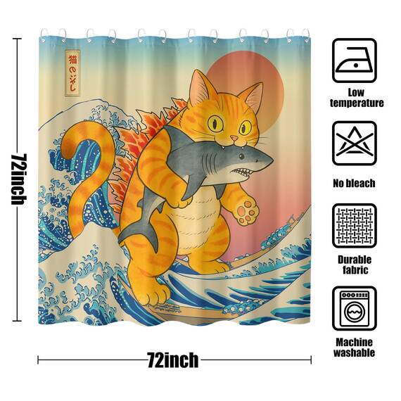 Lustiger japanischer Katzen-Duschvorhang, niedlich, cool, Orange, Katze, Monster, Hai, für Badezimmer, Vintage, Ozean, Wellen, Anime, Kinder, wasserdichter Stoff, Badvorhang, Dekoration, 183 x 183 cm