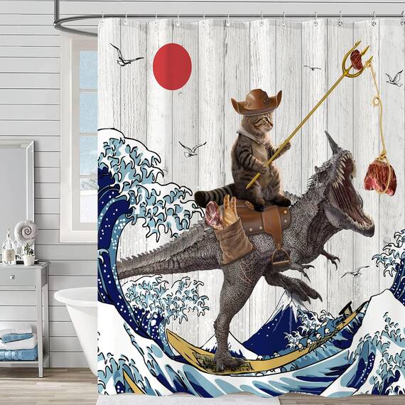 Fowocu Duschvorhang, lustiger Katzen-Dinosaurier-Duschvorhang, coole Katze, japanische Ozeanwelle, wasserdichter Stoff, für Badezimmer, Kinder, rustikales Holz, Bauernhaus (183 x 213 cm)