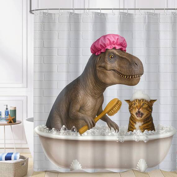 Duschvorhang mit lustigem Dinosaurier-Motiv, niedlich, Dino-Katze, Badevorhänge für Badezimmer, Kinder, Jungen, cool, einzigartig, skurril, wasserdichter Stoff, Badvorhang, Dekoration, 183 x 183 cm