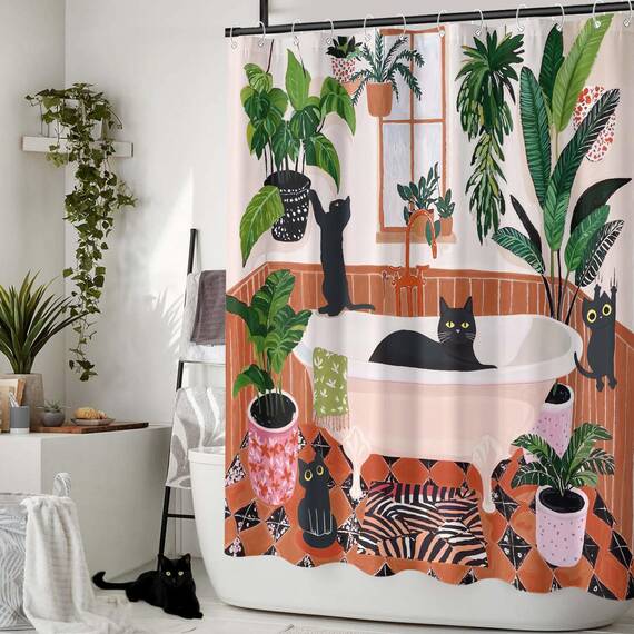 Duschvorhang mit lustiger Katze, Boho, niedlich, lustig, Schwarze Katzen, Matisse, für Badezimmer, grün, Tropische Pflanzen, Blätter, beige, braun, rot, wasserdichter Stoff, Dekoration, 183 x 183 cm