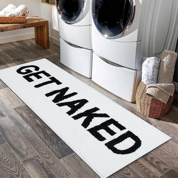 Zeeinx Get Naked Läufer, niedlicher Badezimmerteppich, lustig, Badezimmer-Dekor für Wohnung, weiße Badematte für Badewanne und Dusche, maschinenwaschbar, 45,7 x 119,4 cm