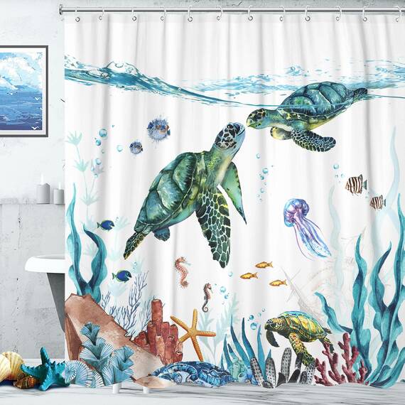 Fowocu lustiger Schildkröten-Duschvorhang, Meer, Ozean, wasserdichter Stoff, für Badezimmer, Tier, Oktopus, Seestern, Schildkröte, Anker, Fisch, nautisches Badvorhang-Dekor (blaugrün, 183 x 183 cm)