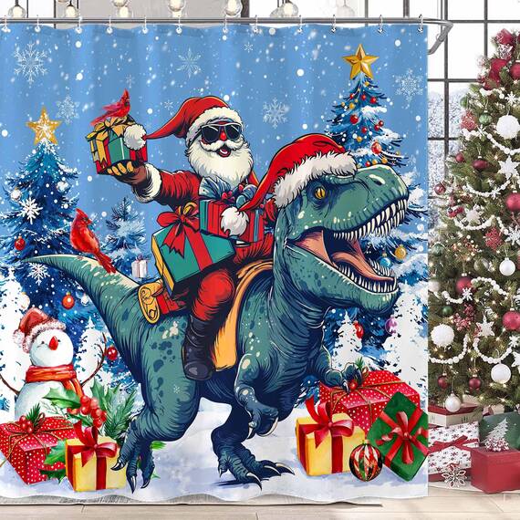 Fowocu Weihnachts-Duschvorhang, lustiger Weihnachtsmann, reitender Dinosaurier, für Badezimmer, Winter, Schneeflocke, Schneemann, rot, Stoff wasserdicht, Kinder-Badevorhang, Dekoration, 183 x 183 cm