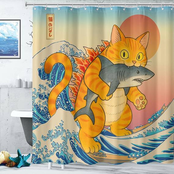 Lustiger japanischer Katzen-Duschvorhang, niedlich, cool, Orange, Katze, Monster, Hai, für Badezimmer, Vintage, Ozean, Wellen, Anime, Kinder, wasserdichter Stoff, Badvorhang, Dekoration, 183 x 183 cm