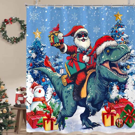 Fowocu Weihnachts-Duschvorhang, lustiger Weihnachtsmann, reitender Dinosaurier, für Badezimmer, Winter, Schneeflocke, Schneemann, rot, Stoff wasserdicht, Kinder-Badevorhang, Dekoration, 183 x 183 cm