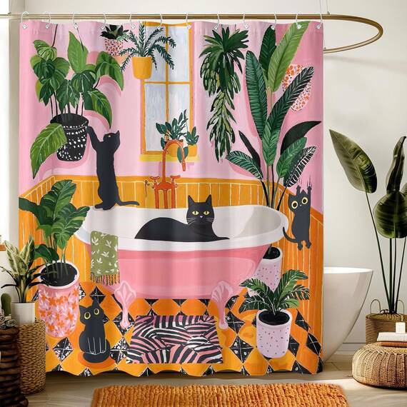 Duschvorhang mit lustiger Katze, Boho, niedlich, lustig, Schwarze Katzen, Matisse, für Badezimmer, grün, Tropische Pflanzen, Blätter, rosa, orange, gelb, wasserdichter Stoff, Dekoration, 183 x 183 cm