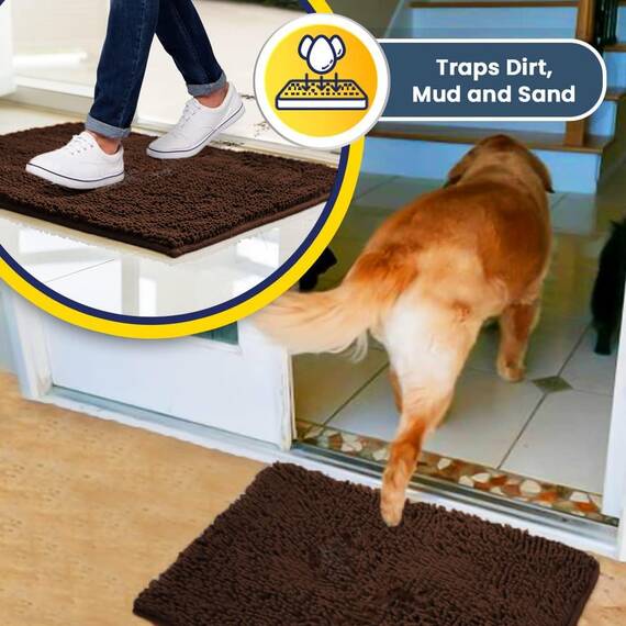 Muddy Mat AS-SEEN-ON-TV Sehr saugfähige Mikrofaser-Fußmatte und Haustierteppich, rutschfest, dick, waschbar, Badematte, weiches Chenille, für Küche, Badezimmer, Schlafzimmer, Braun, Größe M