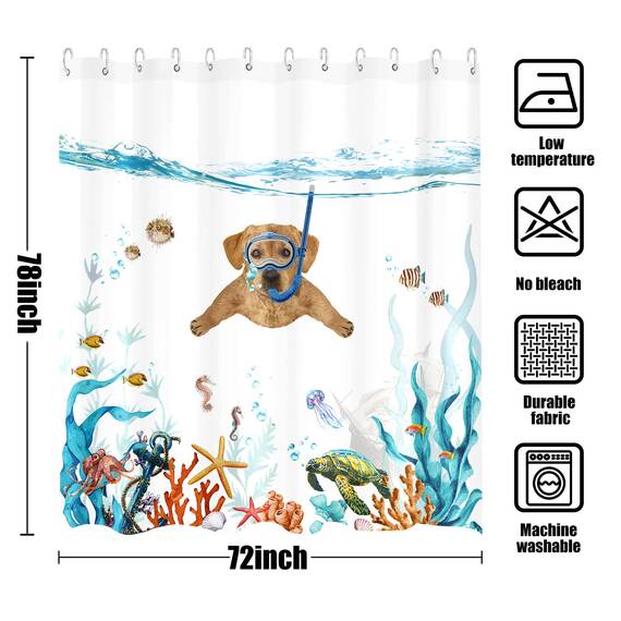 Fowocu Lustiger Hund, extra langes Duschvorhang-Set, blaugrün, Meer, Ozean, wasserdichter Stoff, Duschvorhänge mit Tier, Oktopus, Seestern, Schildkröte, Anker, Fisch, nautisch, Badezimmer-Vorhang