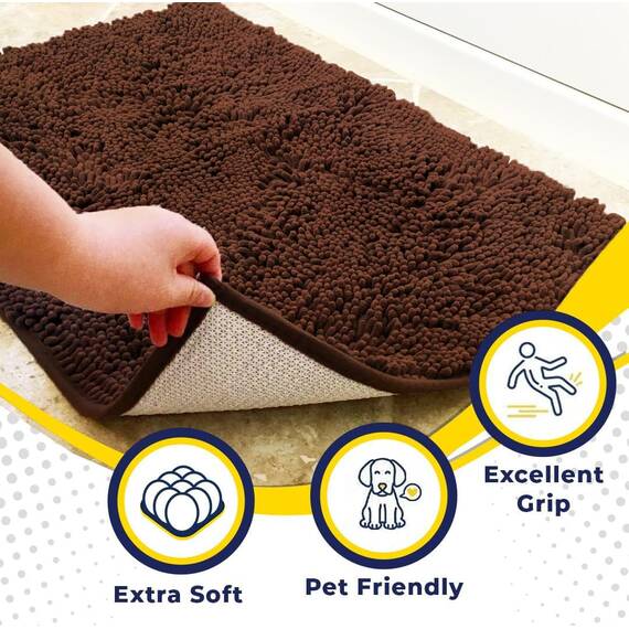Muddy Mat AS-SEEN-ON-TV Sehr saugfähige Mikrofaser-Fußmatte und Haustierteppich, rutschfest, dick, waschbar, Badematte, weiches Chenille, für Küche, Badezimmer, Schlafzimmer, Braun, Größe M