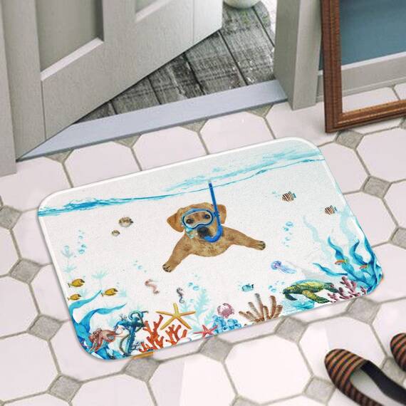 Fowocu Lustiger Hund, kleine Badezimmerteppiche, Matte, Ozean, Meerestier, Badteppich, wasserabsorbierend, rutschfest, Duschmatte, niedliche Badematten für Badezimmerdekoration (Orange, 61x40 cm)