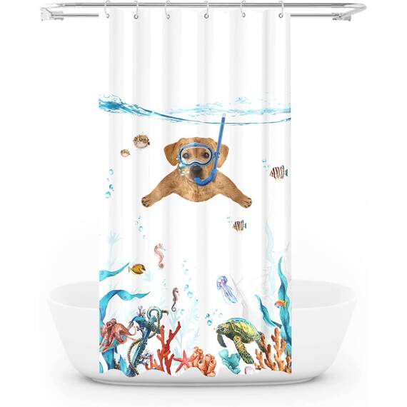 Fowocu lustiges Hunde-Duschvorhang-Set, Duschkabine, blaugrün, Meer, Ozean, wasserdichter Stoff, mit Tier, Oktopus, Seestern, Schildkröte, Anker, Fisch, nautisches Bad-Dekor (orange, 91 x 183 cm)