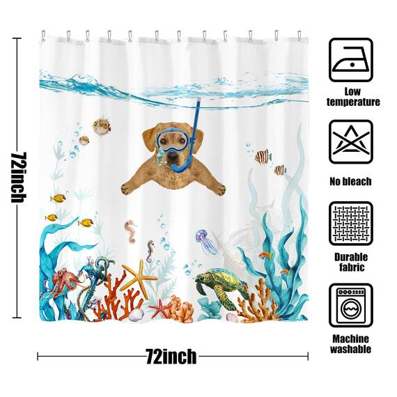 Fowocu lustiger Hunde-Duschvorhang, blaugrün, Meer, Ozean, wasserdichter Stoff, für Badezimmer, mit Tier, Oktopus, Seestern, Schildkröte, Anker, Fisch, nautisches Badvorhang-Dekor (183 x 183 cm)