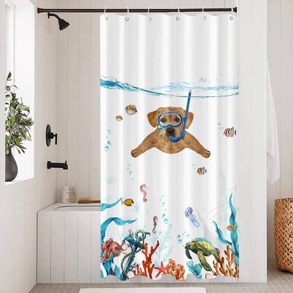 Fowocu lustiges Hunde-Duschvorhang-Set, Duschkabine, blaugrün, Meer, Ozean, wasserdichter Stoff, mit Tier, Oktopus, Seestern, Schildkröte, Anker, Fisch, nautisches Bad-Dekor (orange, 91 x 183 cm)