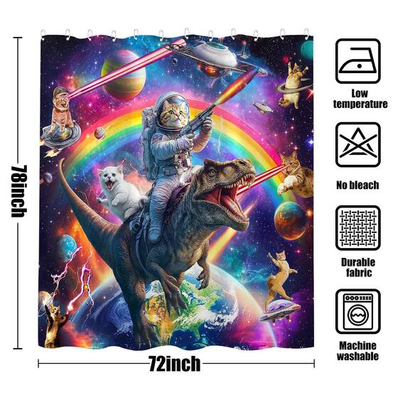 lustiger Duschvorhang mit Dinosaurier-Motiv, cool, bunt, Weltraumkatzen, für Badezimmer, Fantasie, Galaxie, Universum, Anime, Kinder, wasserdichter Stoff, Badvorhang, Dekoration, 183 x 198 cm