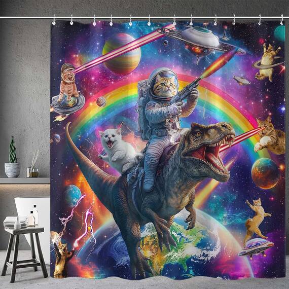 Lustiger Duschvorhang mit Dinosaurier-Motiv, extra lang, cool, bunt, Weltraumkatzen, fürs Bad, Fantasie, Galaxie, Universum, Anime, Kinder, wasserdichter Stoff, Badvorhang, Dekoration, 183 x 213 cm