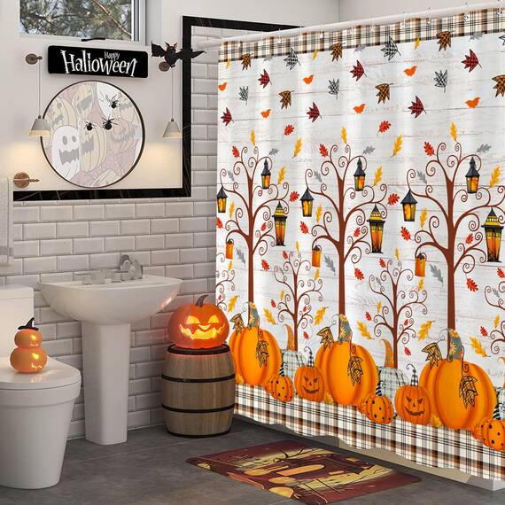Fowocu Herbst-Duschvorhang, Herbstbaumblätter, Halloween, Kürbis, Duschvorhänge für Badezimmer, dekorativ, Erntedankfest, Bauernhaus, wasserdichter Stoff, Badevorhang-Dekor (183 x 183 cm, gelb2)