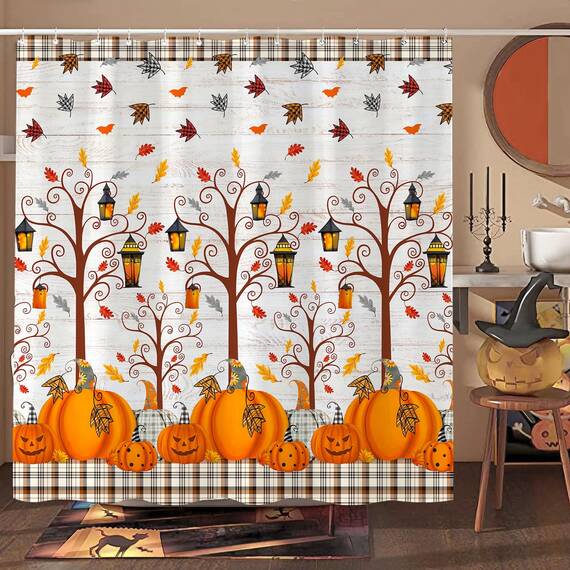 Fowocu Herbst-Duschvorhang, Herbstbaumblätter, Halloween, Kürbis, Duschvorhänge für Badezimmer, dekorativ, Erntedankfest, Bauernhaus, wasserdichter Stoff, Badevorhang-Dekor (183 x 183 cm, gelb2)