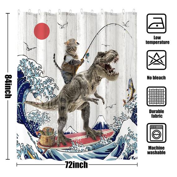 Fowocu Duschvorhang, extra lang, lustiges Katzen-Dinosaurier-Motiv, lustiges Kätzchen, Angeln, japanische Ozeanwelle, wasserdichter Stoff, fürs Bad, Kinder, rustikales Holz, Bauernhaus (183 x 213 cm)