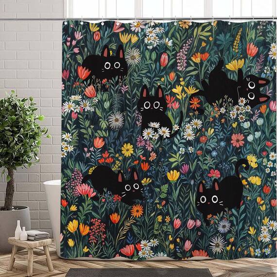 Duschvorhang mit niedlicher Katze, lustig, schwarze Katzen, Boho, Gänseblümchen, Vintage-Stil, für Badezimmer, Tier, Wildblume, Bauernhaus, wasserdichter Stoff, Dekoration, 183 x 183 cm