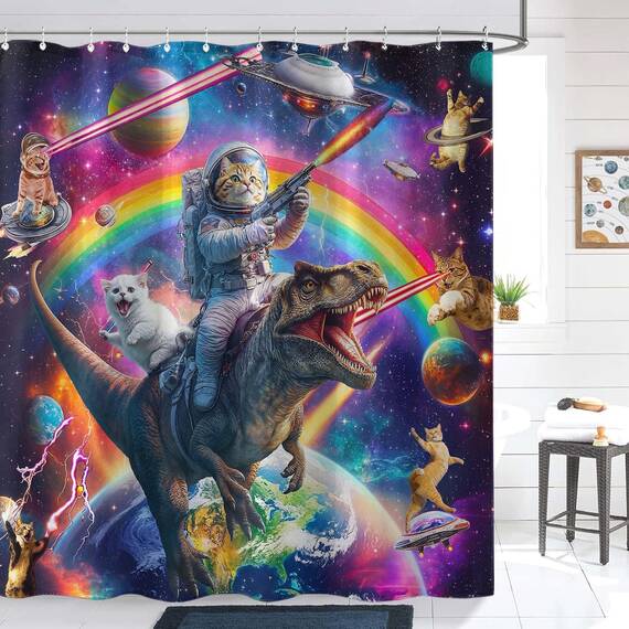 lustiger Duschvorhang mit Dinosaurier-Motiv, cool, bunt, Weltraumkatzen, für Badezimmer, Fantasie, Galaxie, Universum, Anime, Kinder, wasserdichter Stoff, Badvorhang, Dekoration, 183 x 198 cm