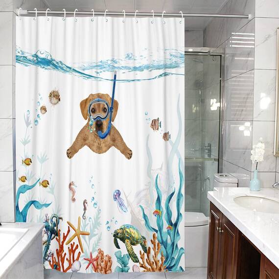 Fowocu Lustiger Hund, extra langes Duschvorhang-Set, blaugrün, Meer, Ozean, wasserdichter Stoff, Duschvorhänge mit Tier, Oktopus, Seestern, Schildkröte, Anker, Fisch, nautisch, Badezimmer-Vorhang