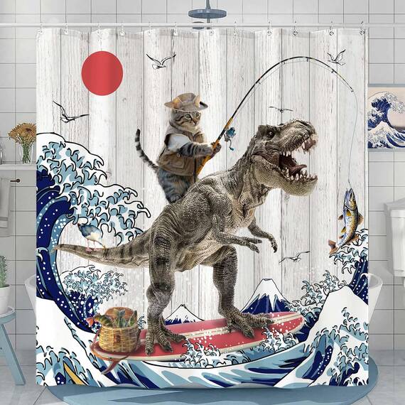 Fowocu Duschvorhang, extra lang, lustiges Katzen-Dinosaurier-Motiv, lustiges Kätzchen, Angeln, japanische Ozeanwelle, wasserdichter Stoff, fürs Bad, Kinder, rustikales Holz, Bauernhaus (183 x 213 cm)
